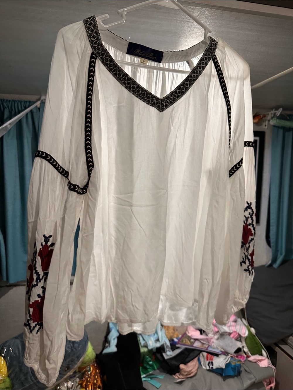 Blue Rain White Peasant Tunic with Black Trim and Red Embroidery